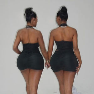 Halter neck low bust sleeveless heart metal buckle cut-out ruched <strong>sissy</strong> black micro mini sexy <strong>dresses</strong> - Product Image 3