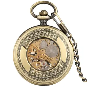 남자의 선물 빈티지 구리 해골 자동 기계식 포켓 시계 도매 가격 밴드 체인 중공 조각 시계