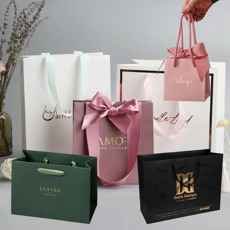 Boutique Clothing Jewelry Luxury Retail Customised Your Logo Gift Small Carry Paper Shopping Bags With Bow Tie Ribbon Handle