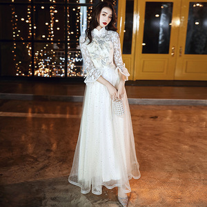 Chinese Style Long Evening Dress Women A-Line Stand Neck Organza Champagne Color Hostess Bridesmaid Dress 2026 New Fashion - Product Image 3