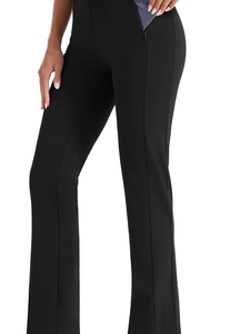 Pantalones de Cintura Alta con Corte Acampanado para Mujer, Color Negro Sólido, Largos, Formales, con Cierre de Cremallera y Bolsillos, Tejido de Tela, Corte Regular - Product Image 1
