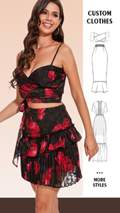 Femmes élégant charmant romantique moderne confortable Sexy rouge Floral deux pièces <span class=keywords><strong>ensemble</strong></span> haut et jupe courte - Product Image 3