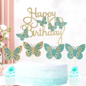 Butterfly Birthday Cake Toppers 1pc Happy Birthday Cake Topper and 12pcs Butterfly Cupcake Toppers Party Supplies Decor SQ73
