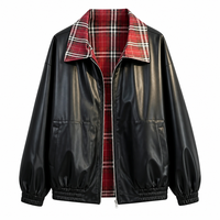 Blouson Bomber Réversible Imperméable Coupe-Vent en Mélange PU Spandex Polyester Col Rabattu Unisexe Noir Hiver Décontracté Vente en Gros