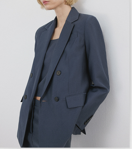 Blazer Azul Polvoriento de Doble Botonadura para Mujer con Solapa Entallada y Bolsillos con Solapa, Corte Relajado, Abrigo Elegante Casual para Oficina y Uso Diario - Product Image 4