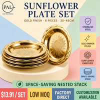 Ensemble d'assiettes en acier inoxydable pour réceptions de mariage, motif tournesol en relief, 30, 35, 40, 45, 48 cm, pour banquets, hôtels, restaurants, traiteurs