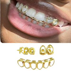 Authentic Cross-Border Hip-Hop Copper Gold Tooth Grill Planet Heart Three-Piece Unisex Teeth Jewelry Set - Product Image 1