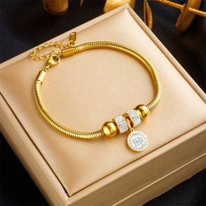 Fashion Charm Bracelet Gold Plated Rhinestone Bead Pendant Stainless Steel Gift Jewelry B995 - Product Image 1