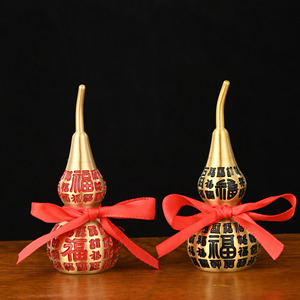 Ornement Feng Shui en laiton moulé en forme de calebasse Baifu, Wu <span class=keywords><strong>Lou</strong></span> ouvrable avec 100 Bénédictions et nœud rouge pour une décoration porte-bonheur à la maison - Product Image 1