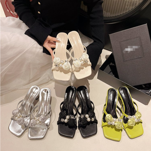 Offerta all'ingrosso di perle floreali impreziosite, da donna con <span class=keywords><strong>tacco</strong></span> colorato a punta quadrata tacchi per le signore - Product Image 3