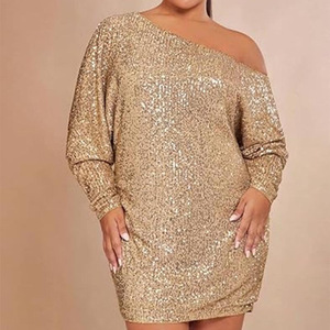 One Shoulder Sequined <b>Dress</b> <b>Gold</b> Plus Size Cocktail <b>Party</b> Wear Long Sleeve Loose Fit - Product Image 1