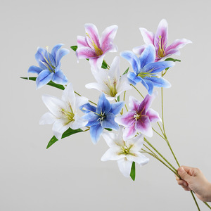 Bouquet de lys artificiels Greenway, 3 têtes, pétales en PVC blanc, bleu, violet, pour mariage, décoration de la maison, arrangements floraux - Product Image 1
