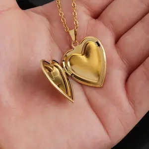 Men Floating Charm Locket Chain Heart Pendant Pink Gold Necklace Box Boys Copper Photo Frame 14K 18K Gold