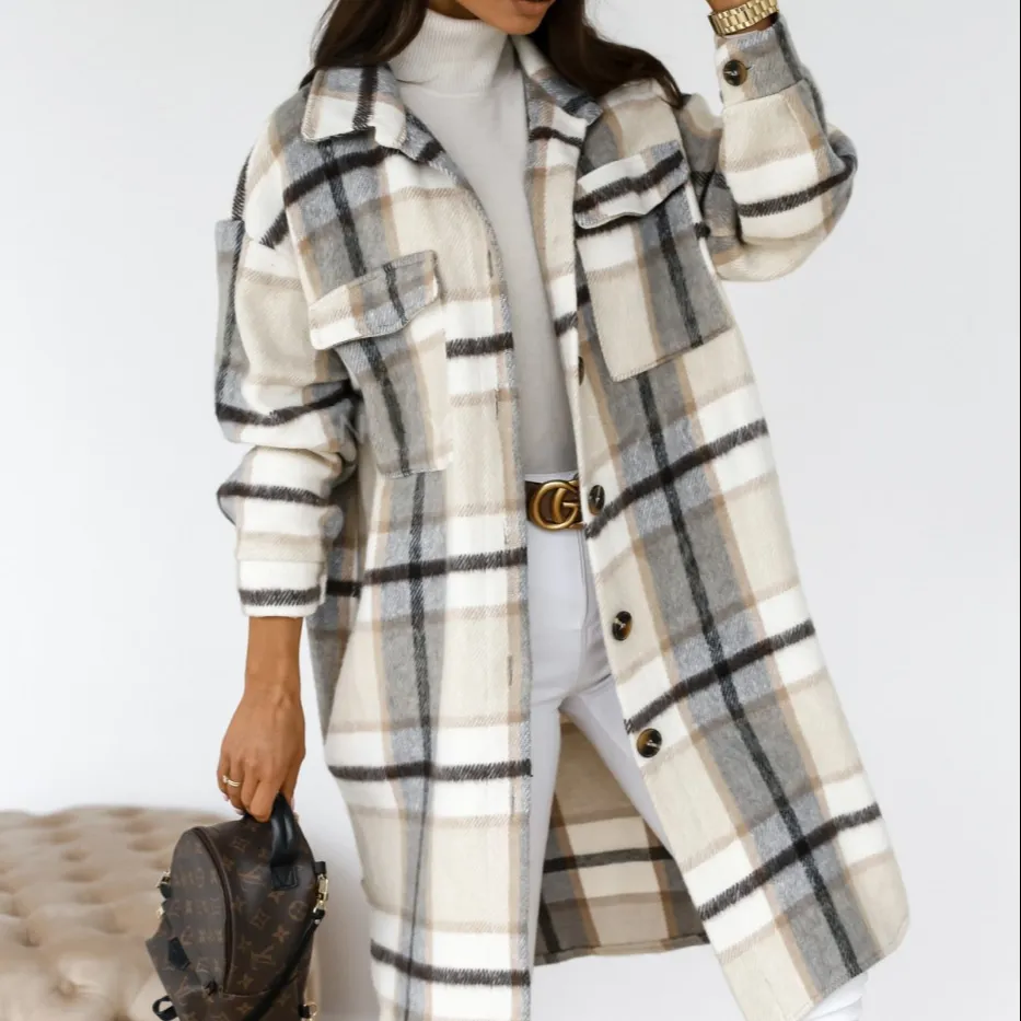 Casual Streetwear Woolen Long Coat For Women Turndown Collar Fall Fashion Clothes Plaid Ladies Winter Jacket Coats 2022