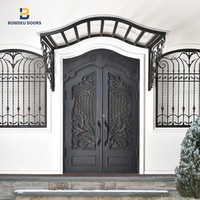 Moustiquaire moderne Tige d'entrée principale Maison Portes en fer forgé Double sécurité Extérieur entrée avant porte de sécurité en acier