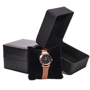 Kotak jam tangan kemasan mewah logo kustom menampilkan kulit pu di dalam kotak hadiah jam kayu hitam untuk kotak jam tangan perjalanan