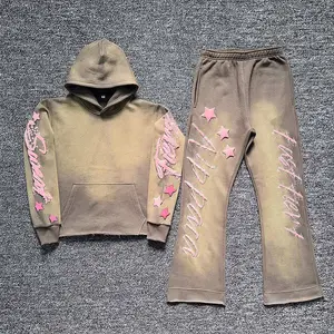 Custom Acid Washed Tracksuit 100% Cotton Terry Sweat Suits Men Flare Stacked 3d Puff Print Sweatpants And Hoodie Set