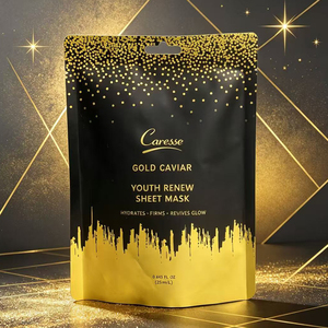 Wholesale Luxury Black Gold Cosmetic Foil Sachet Custom Full Color Printing Face Mask Skin Care Packaging Pouch With Hang Hole - Product Image 1