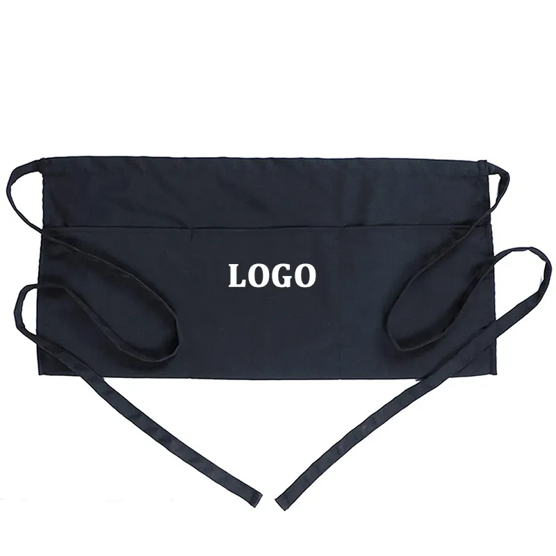 Barra de café con logotipo personalizado, delantal de cintura para camarero, medio servidor, color negro, algodón y poliéster, con 3 bolsillos