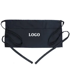 Custom Logo Coffee Bar Black Cotton Polyester Short Waiter Half Server Waitress Waist Apron With 3 Pockets