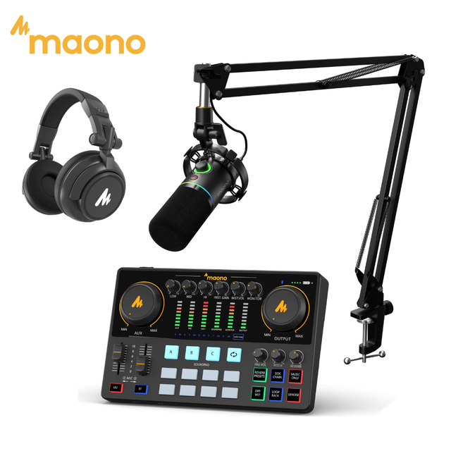 MAONOCASTER Professional Sound Card with 25mm Dynamic Studio Microphones Podcast Audio Interface Live Streaming Bundle Mixers
