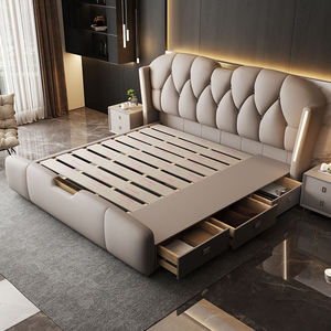 European Modern Luxury Pine Wood Lighted Soft Upholstered Headboard Bed with Storage <strong>Drawers</strong> and Hydraulic Lift-up Frame Queen - Product Image 2