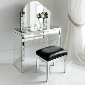 Modern Vanity Makeup <strong>Art</strong> <strong>Deco</strong> <strong>Dressing</strong> <strong>Table</strong> Set with Curved Mirror Metal and Panel Wood for Bedroom - Product Image 1