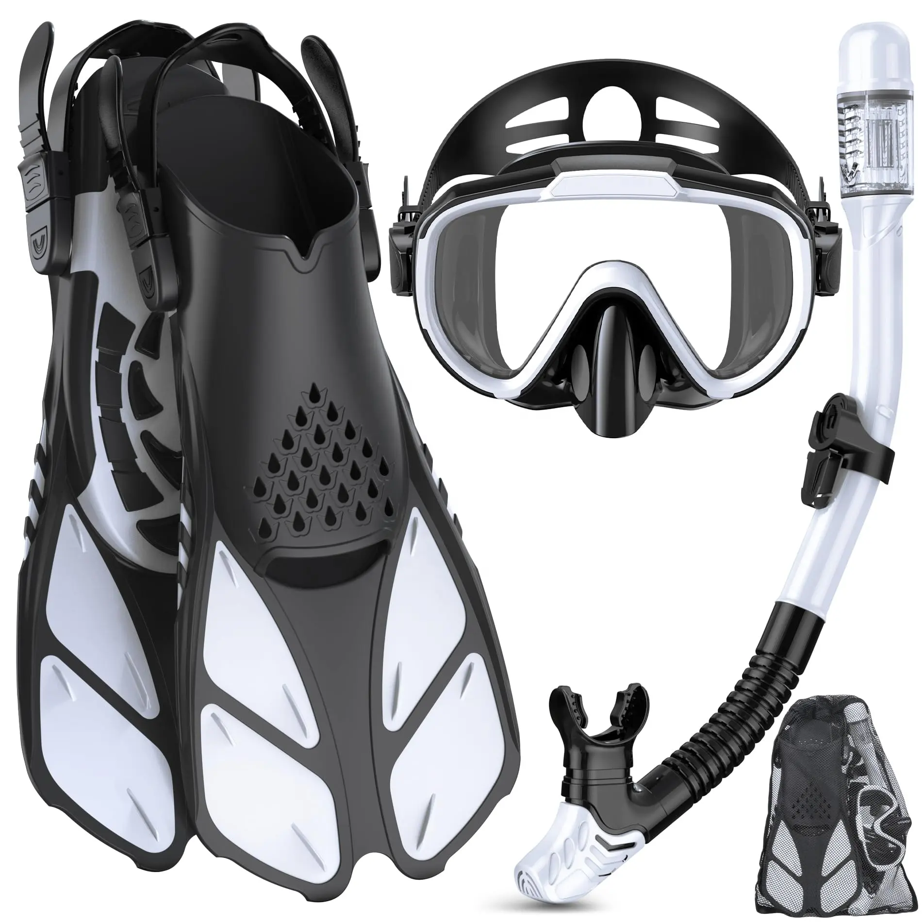 Conjunto de snorkel 4 em 1 para mergulho com vista panorâmica, máscara de mergulho com bico seco, equipamento de mergulho para adultos, homens e mulheres