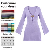 Robe mini moulante chic violette en maille à col en V, découpes et manches évasées avec nœud, pour femme, soirée, rendez-vous, vente en gros personnalisée