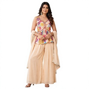 Women's Beige Floral Printed <b>Crop</b> <b>Top</b> With Palazzo Pants Set Loose Fit Traditional Indian Pakistani Style Casual Wear - Product Image 1