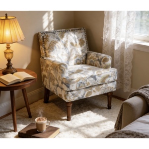 Fauteuil d'appoint floral avec garniture cloutée, pieds en bois massif, chaise rembourrée style ferme - Product Image 3