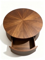 Table basse moderne de luxe durable avec plateau en placage de noyer, corps enveloppé de cuir de selle, tiroirs de rangement à double courbure pour salon