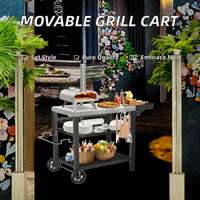 Outdoor-Grillwagen aus Edelstahl mit Pizzaofen, Tisch, feststellbaren Rädern, Haken und verstellbarem Metallgitter – Kücheninsel, Schwarz