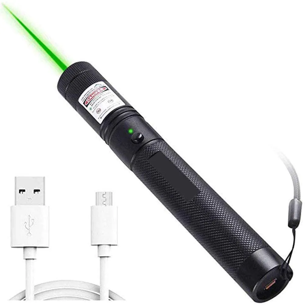ปากกาเลเซอร์โฟกัสสีเขียว303ปรับแรงได้,ตัวชี้เลเซอร์ USB ปากกาเลเซอร์ของเล่นแมวพร้อมสาย USB
