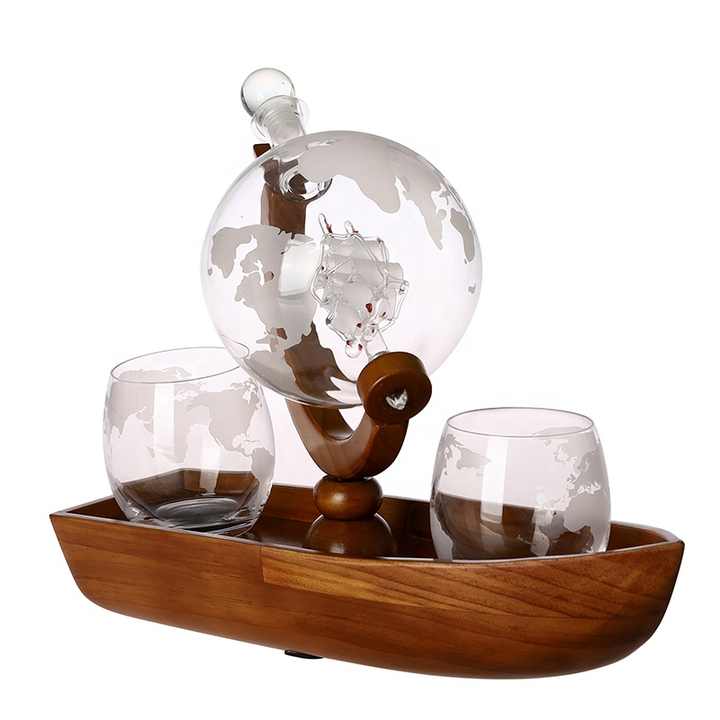 Jillmo Whiskey Decanter Set - 1000ml Glass Decanter With 2 Globe Glasses & Wood Stand - View #8
