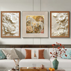 <span class=keywords><strong>Peinture</strong></span> Murale en Gros HD Imprimée en Relief pour Chambre et Salon, Décoration Murale <span class=keywords><strong>Triptyque</strong></span> Luxe Transitions Fleur et Cheval - Product Image 1