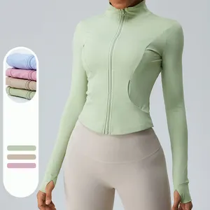 Automne fermeture éclair Yoga vestes pour femmes trous de pouce coupe ajustée à manches longues haut Gym Fitness Yoga porter séchage rapide sport manteau survêtement - Product Image 1