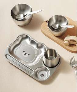 304 स्टेनलेस स्टील के बच्चे किंडरगार्टन भोजन प्लेट बच्चों के लिए स्टेनलेस स्टील फूड ट्रे बच्चों प्लेट प्लेट कटोरे कप फोर्क चम्मच सेट - Product Image 1