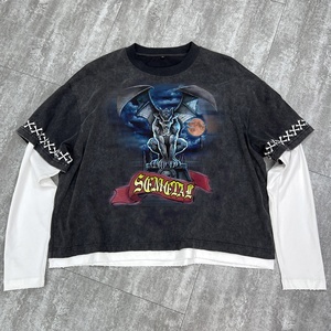 T-shirt en coton lourd en gros, imprimé vintage, coupe ample, épaules tombantes, surdimensionné, délavé à l'acide, double couche, manches longues - Product Image 1