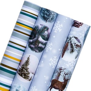 Custom Eco-Friendly Recyclable Christmas Themed Gift <b>Wrap</b> <b>Paper</b> <b>Roll</b> 100GSM Double Sided Coated Art <b>Paper</b> Tree Snowflake Deer - Product Image 1