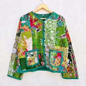 Patchwork <b>Quilted</b> Cotton Kantha Jacket O Neck Button Front Full Sleeve <b>Summer</b> Women's Jacket with Hand Embroidery - Product Image 1