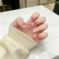 24 faux ongles réutilisables en PMMA français, motif cœur ombré rose et points dorés, avec colle, pour pose rapide DIY, qualité salon