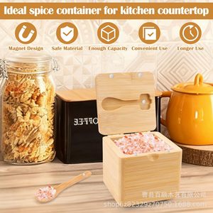 Boîte à épices en bois avec couvercle magnétique et base pour le rangement des condiments de cuisine, couleur bois naturel - Product Image 2