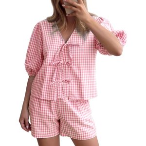 Women Gingham Short Pajama Set <b>Tie</b> Front Puff Sleeve Top High Waist 2 Piece Summer Plaid Loungewear - Product Image 1