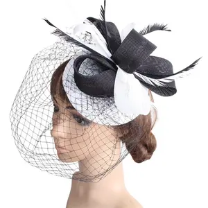 European Vintage Fascinator Women Hats Feather Netting Birdcage Face Brides Veil Ladies Perform Prom Parties Headdress