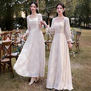 Bridesmaid Dresses 2025 Autumn Long Sleeve Champagne Color A-Line Vintage Evening Gowns Women's Formal Wear - Product Image 2