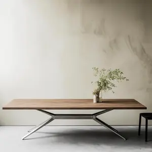 Toptan ev mobilyaları modern meşe ahşap üst metal paslanmaz çelik bacaklar dikdörtgen ahşap yemek masası