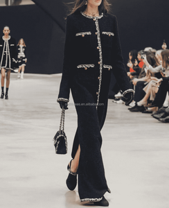 FW25/26อย่างหรูหรามีแท็กของผู้หญิงชุดเดรสยาวผ้าฝ้ายทวีดสีดำสีทองหรูหราแจ็คเก็ตทวีตยาว - Product Image 3
