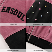 Sweat à capuche zippé vintage personnalisé en coton pour homme, avec strass, logo floqué et blocs de couleur contrastés, style streetwear