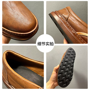 Brown Genuine Leather Loafers Round Toe Slip-On Cushioned <b>EVA</b> Midsole Rubber Outsole All Seasons Style Shoes - Product Image 4